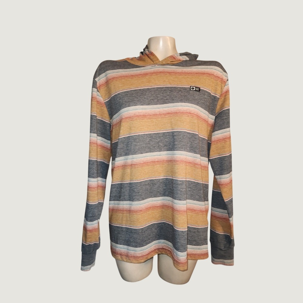 Salty Crew Mens M Striped Long Sleeve Hooded Sun Shirt Blue‎ Gold Premium Fit